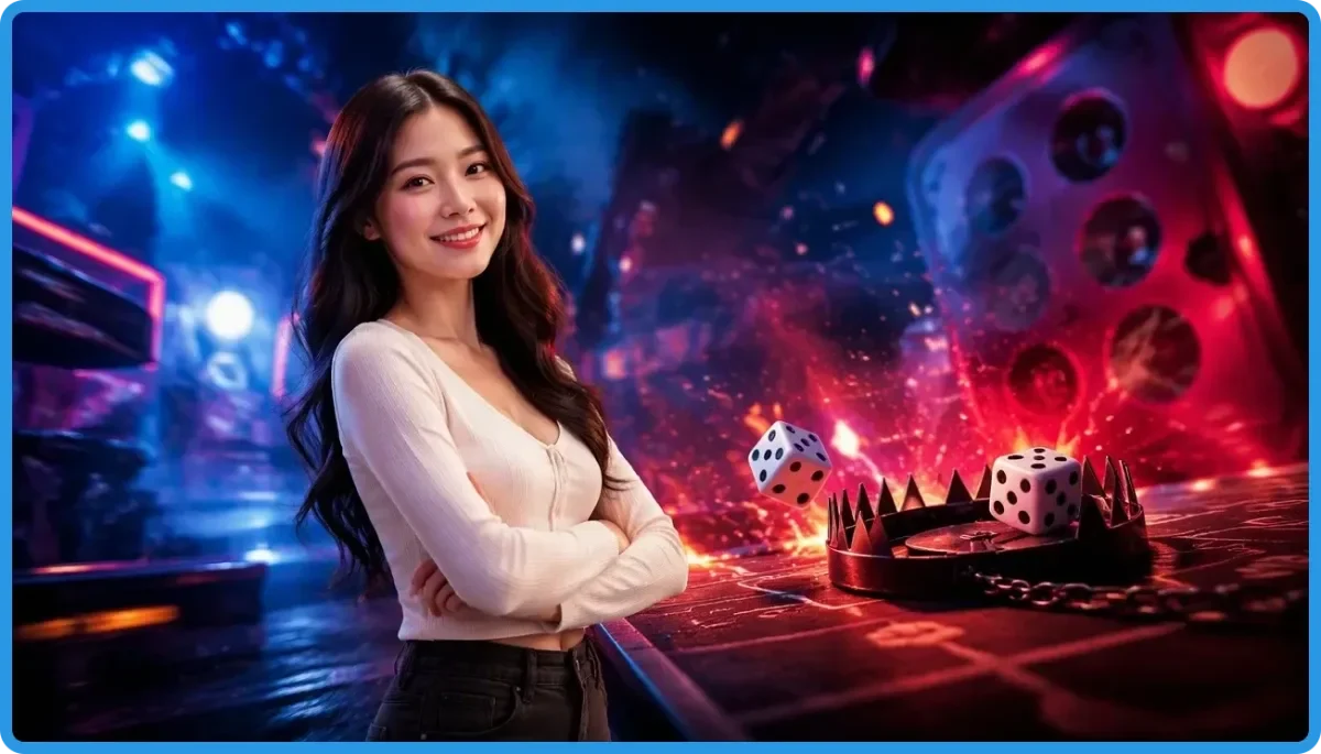 Minh họa ba xúc xắc dice party game đang được kiểm tra thao túng kết cấu qua lớp giao diện hologram