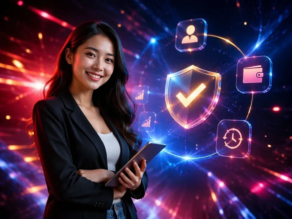 Các lớp giao diện trong suốt xếp chồng cùng biểu tượng vàng tượng trưng cho tốc độ và bảo mật