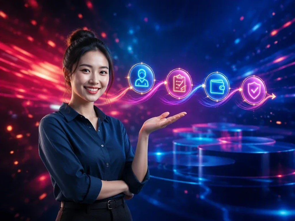 Bốn nút sáng kết nối theo đường dẫn tăng dần minh họa cho quy trình bắt đầu nhanh gồm bốn bước