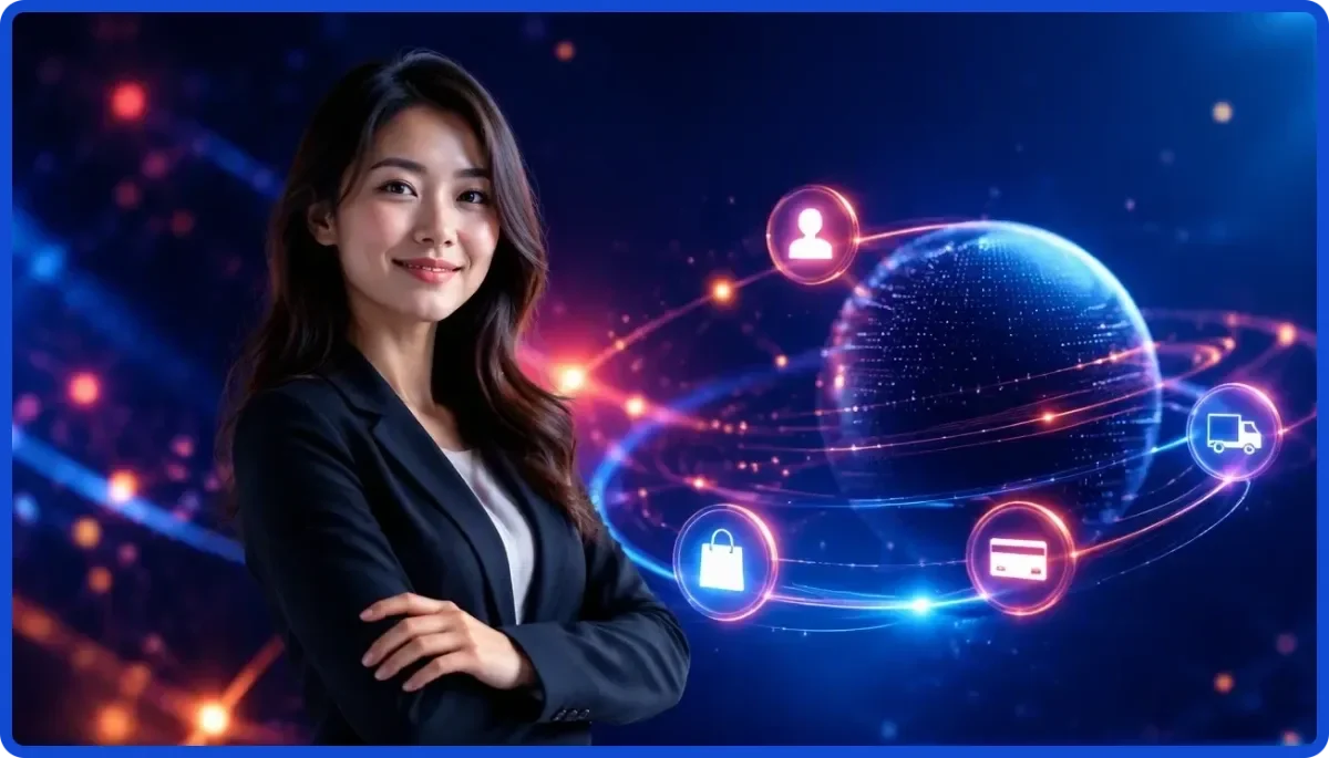 Mạng lưới các nút kết nối phát sáng hội tụ về một trung tâm biểu tượng cho sự minh bạch của dịch vụ
